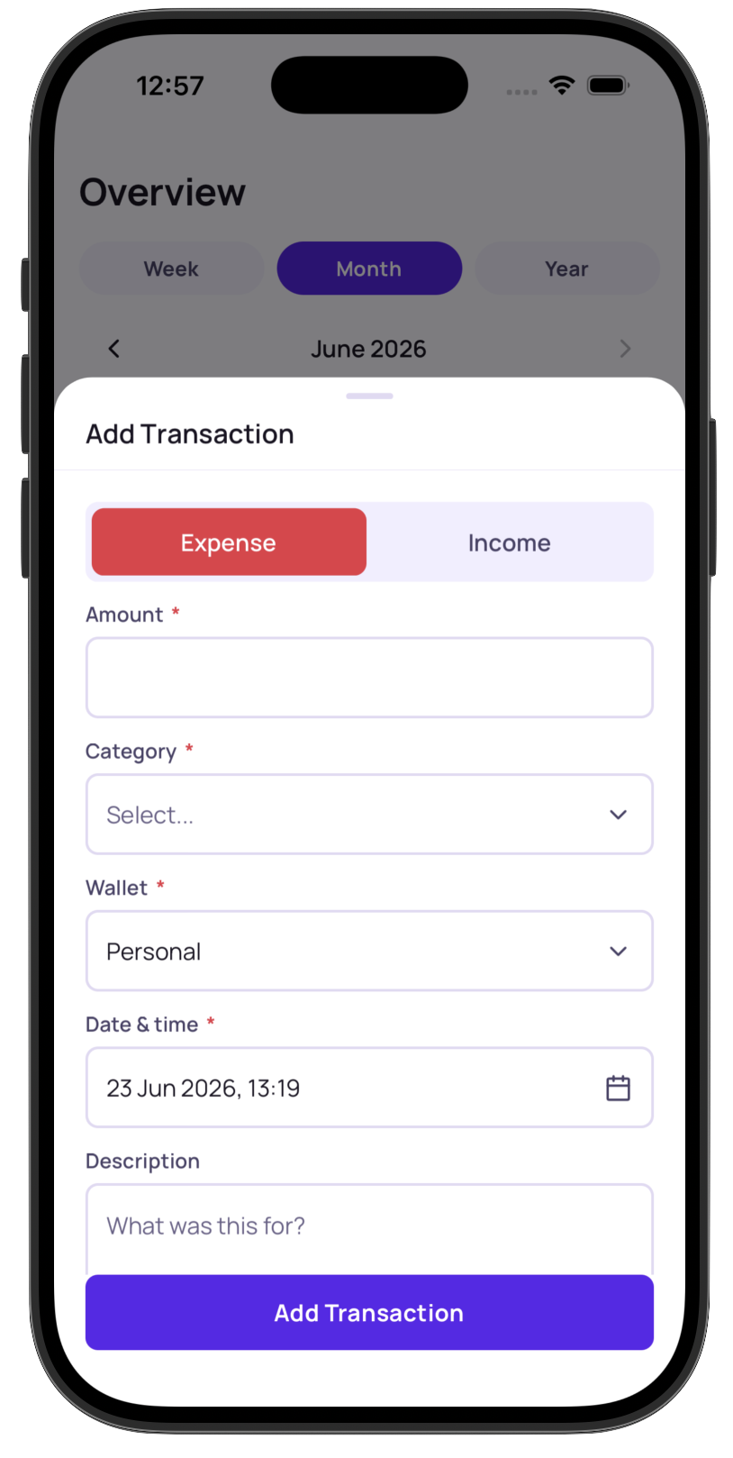 Bojety add transaction screen with category and wallet pickers