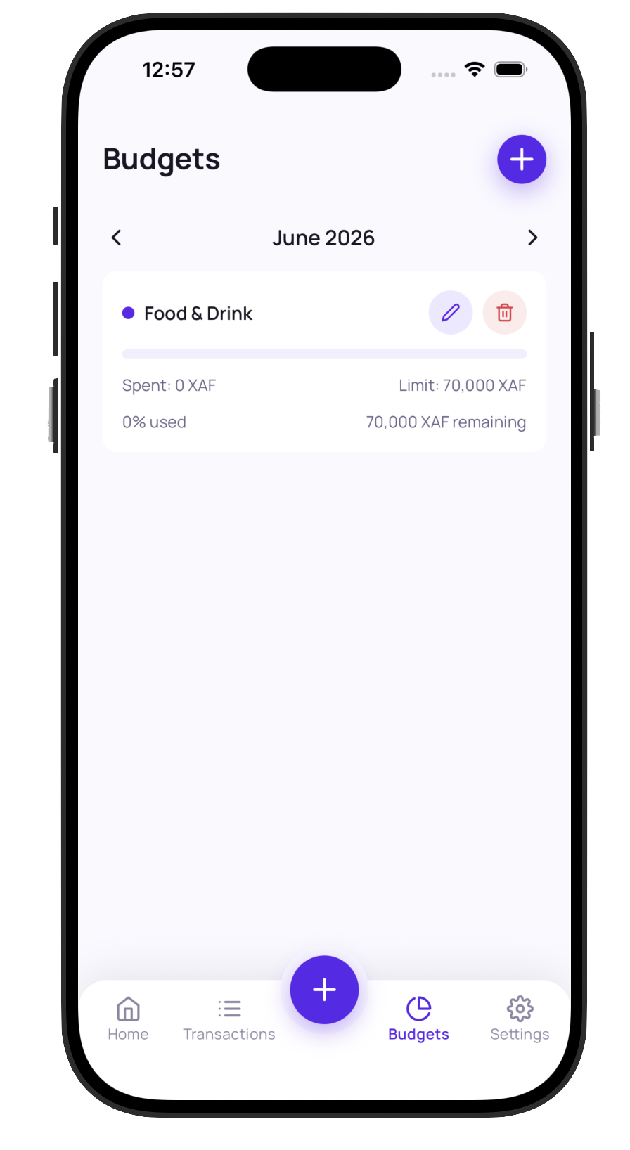 Bojety budgets screen showing monthly limits per category
