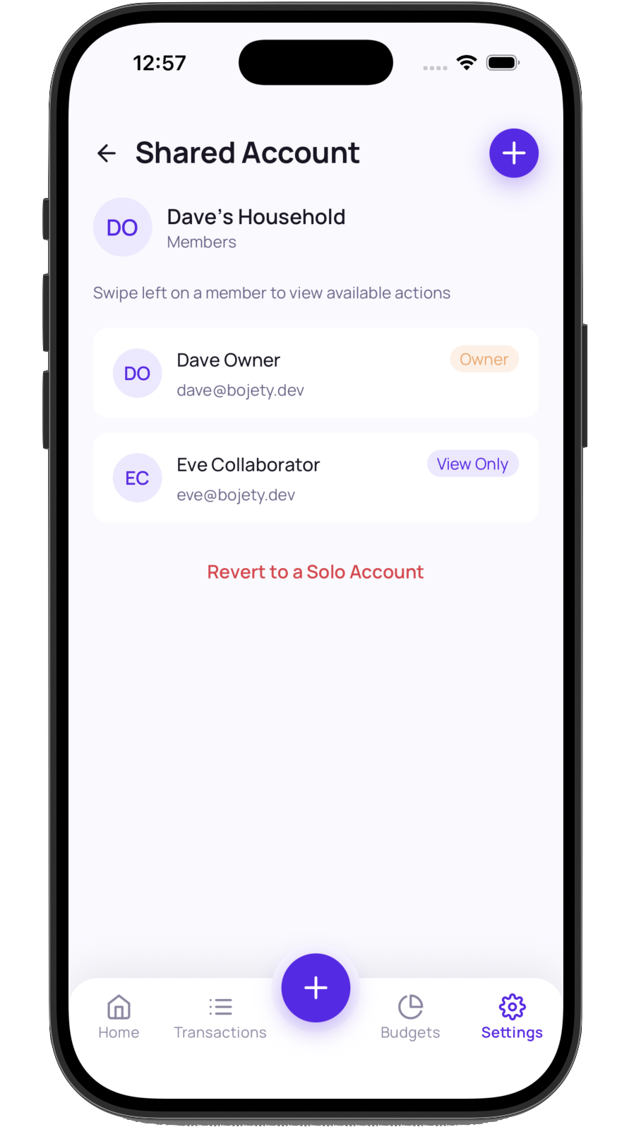 Bojety shared account screen listing invited collaborators